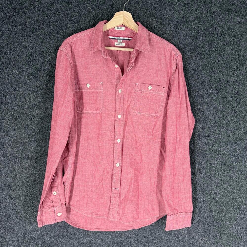 Tommy Hilfiger Shirt Men L Large Pink Button Up Collared Long Sleeve Pockets